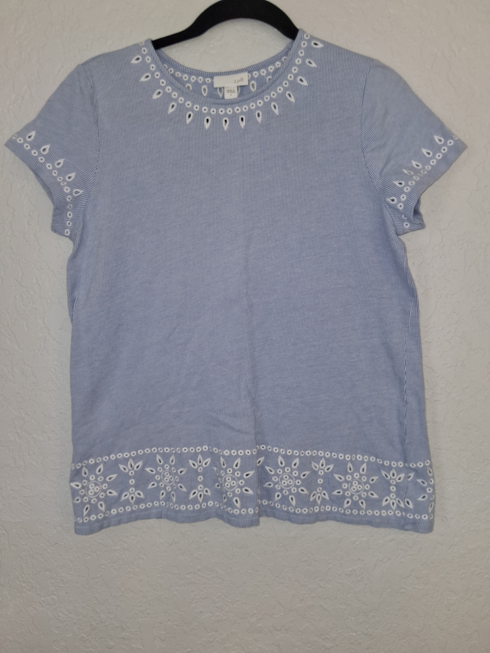 J. Jill Light Blue Eyelet-Trim Short Sleeve TeeJJill Blue Eyelet Embroidered Top